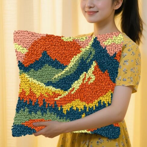 FREEBLOSS Sunset Latch Hook Kits for Adults Beginners DIY Throw Pillow Pre-Printed Hook and Latch Rug Kits Cross-Stitch Cushion Cover for Home Sofa Decoration 17x17in/43x43cm in Saudi Arabia