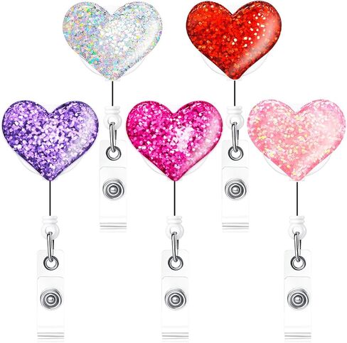 Bling Popular Love Heart Retractable Badge Holder, ID Nurse Badge Reel with Alligator Swivel Clip, 5 Pack in Saudi Arabia