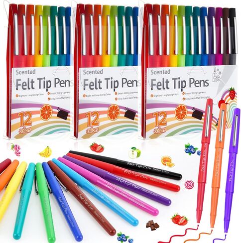 12 Count Scented Felt Tip Pens, 0.7mm Medium Point Felt Pens 12 Colors Markers Journal Planner for Teachers Students Journaling Writing Note Art Office School Supplies in Saudi Arabia