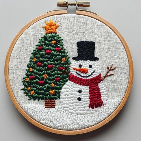 Punch Needle Kit for Beginners, Snowman with Black Hat and Christmas Tree Embroidery Set, Punch Stitching Kit for Adults, Needle Punch Kits for Adults DIY Festival Decoration in Saudi Arabia