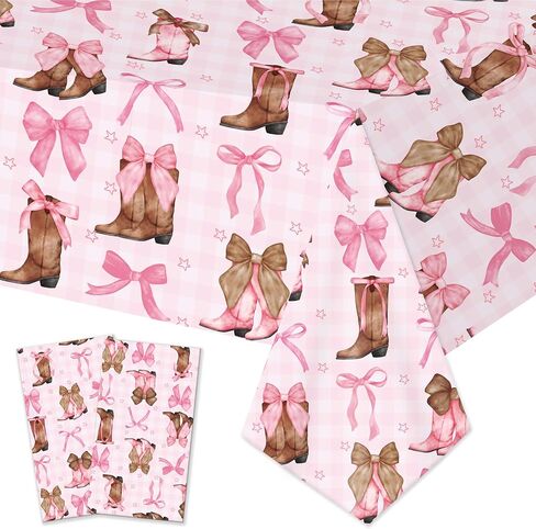 Coquette Bow Cowgirl Tablecloth 2PCS Western Cowgirl Birthday Party Supplies Pink Bowknot Boots Rodeo Bachelorette Party Table Cover for Wild West Baby Shower Decor in Saudi Arabia