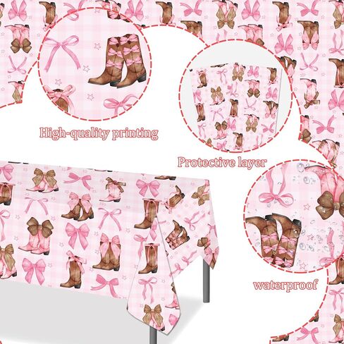 Coquette Bow Cowgirl Tablecloth 2PCS Western Cowgirl Birthday Party Supplies Pink Bowknot Boots Rodeo Bachelorette Party Table Cover for Wild West Baby Shower Decor in Saudi Arabia