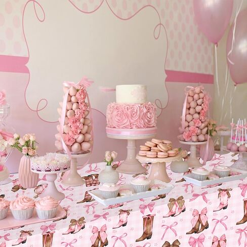 Coquette Bow Cowgirl Tablecloth 2PCS Western Cowgirl Birthday Party Supplies Pink Bowknot Boots Rodeo Bachelorette Party Table Cover for Wild West Baby Shower Decor in Saudi Arabia