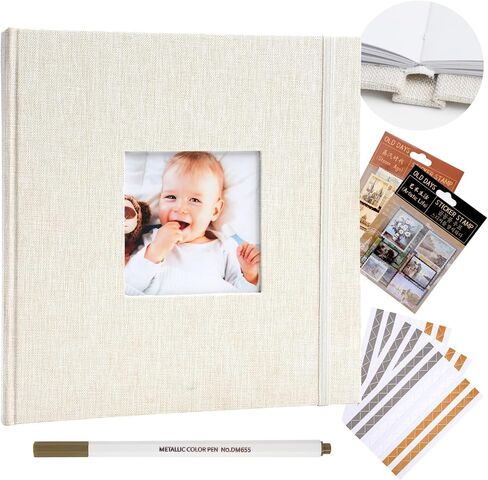 ألبوم سجل القصاصات ، 8 "x8" ألبوم صور DIY مع غلاف الكتان النافذة المربعة Kraft Paper 32 ورقة ، كتاب ذاكرة أنيقة لحفل الزفاف ، الذكرى ، العائلة ، السفر ، البيج in Saudi Arabia