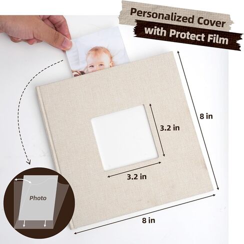 ألبوم سجل القصاصات ، 8 "x8" ألبوم صور DIY مع غلاف الكتان النافذة المربعة Kraft Paper 32 ورقة ، كتاب ذاكرة أنيقة لحفل الزفاف ، الذكرى ، العائلة ، السفر ، البيج in Saudi Arabia
