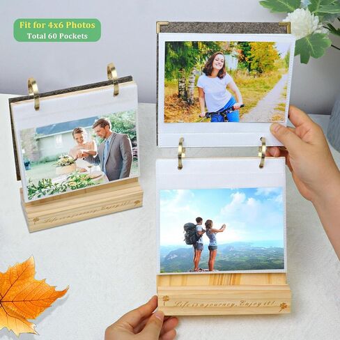 ZEEYUAN 60 Pockets of 4x6 Flip Photo Album on Stand Wooden 4x6 Photo Frame Desktop Photo Album in Kuwait