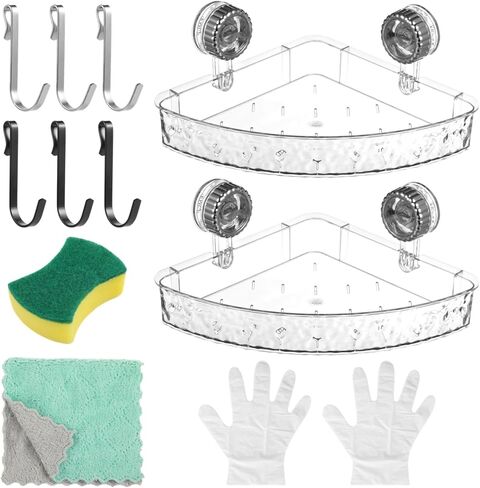 Transparent Suction Cup Storage Rack, 2 Pcs Corrugated Suction Cup Storage Holder, No Drilling, Adjustable Bathroom Kitchen Storage with Hooks, Glove, Cleaning Sponge, Cloth in Saudi Arabia