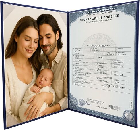 U.S. Birth Certificate Holder – Elegant Navy Blue Cover with Gold Foil Eagle Emblem | Unisex Baby Keepsake & Newborn Gift in Saudi Arabia