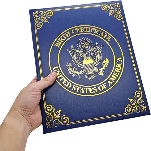 U.S. Birth Certificate Holder – Elegant Navy Blue Cover with Gold Foil Eagle Emblem | Unisex Baby Keepsake & Newborn Gift in Saudi Arabia