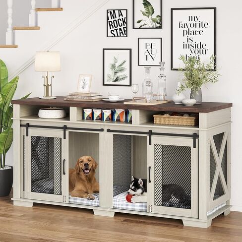 71" Dog Crate Furniture for 2 Dogs, Dog Kennel with 3 Storage Drawers & Removable Divider, Extra Large Double Dog Cage As TV Stand, Furniture Style Dog Crates with Sliding Barn Door in Saudi Arabia