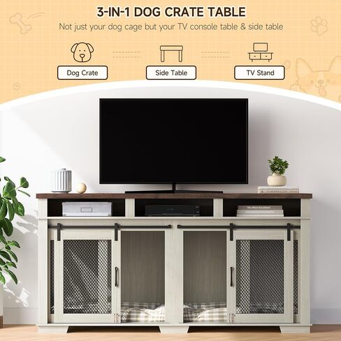 71" Dog Crate Furniture for 2 Dogs, Dog Kennel with 3 Storage Drawers & Removable Divider, Extra Large Double Dog Cage As TV Stand, Furniture Style Dog Crates with Sliding Barn Door in Saudi Arabia
