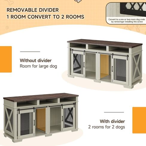 71" Dog Crate Furniture for 2 Dogs, Dog Kennel with 3 Storage Drawers & Removable Divider, Extra Large Double Dog Cage As TV Stand, Furniture Style Dog Crates with Sliding Barn Door in Saudi Arabia