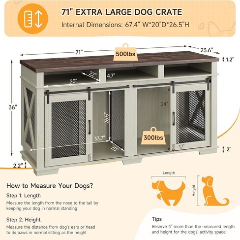71" Dog Crate Furniture for 2 Dogs, Dog Kennel with 3 Storage Drawers & Removable Divider, Extra Large Double Dog Cage As TV Stand, Furniture Style Dog Crates with Sliding Barn Door in Saudi Arabia