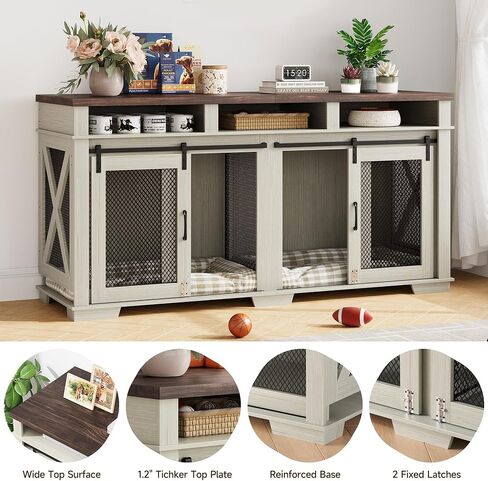 71" Dog Crate Furniture for 2 Dogs, Dog Kennel with 3 Storage Drawers & Removable Divider, Extra Large Double Dog Cage As TV Stand, Furniture Style Dog Crates with Sliding Barn Door in Saudi Arabia