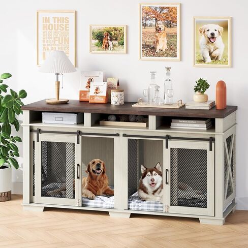 71" Dog Crate Furniture for 2 Dogs, Dog Kennel with 3 Storage Drawers & Removable Divider, Extra Large Double Dog Cage As TV Stand, Furniture Style Dog Crates with Sliding Barn Door in Saudi Arabia