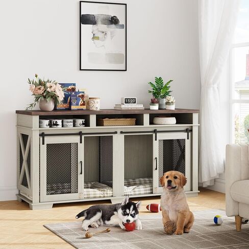 71" Dog Crate Furniture for 2 Dogs, Dog Kennel with 3 Storage Drawers & Removable Divider, Extra Large Double Dog Cage As TV Stand, Furniture Style Dog Crates with Sliding Barn Door in Saudi Arabia