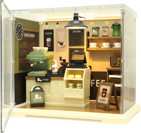 Coffee Shop Tiny House with LED Light Make It Miniature, DIY Miniature House Kit for Adults, Teens, and Beginners, Mini Dollhouse Kit with Home Decor Furniture, Gift for Friends and Hobbies in Kuwait