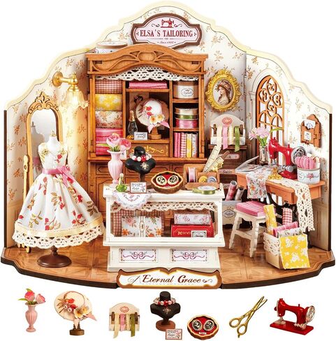 Rolife DIY Miniature House Kit Elsa's Tailoring 1:18 Scale Dollhouse Diorama ، Tiny House Building Kit Vintage Tailor Shop Crafts للبالغين هدية ديكور المنزل للبالغين in Saudi Arabia