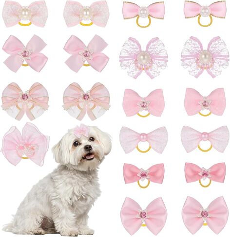 20 PCS Pink Small Size Dog Bows with Rubber Bands Elastic Dog Bow for Hair Handmade Lace Rhinestone Pearls Cute Dogs Bow Knot for Girl Female Doggy Poodle Pet Animal Grooming Accessories in Kuwait