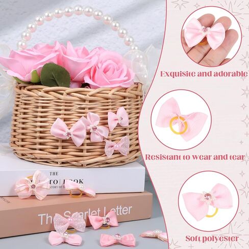 20 PCS Pink Small Size Dog Bows with Rubber Bands Elastic Dog Bow for Hair Handmade Lace Rhinestone Pearls Cute Dogs Bow Knot for Girl Female Doggy Poodle Pet Animal Grooming Accessories in Kuwait