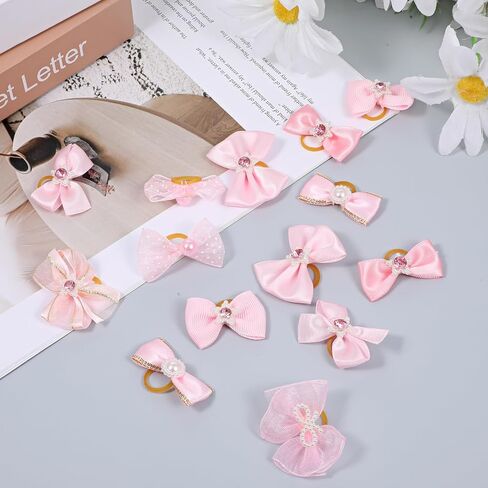 20 PCS Pink Small Size Dog Bows with Rubber Bands Elastic Dog Bow for Hair Handmade Lace Rhinestone Pearls Cute Dogs Bow Knot for Girl Female Doggy Poodle Pet Animal Grooming Accessories in Kuwait