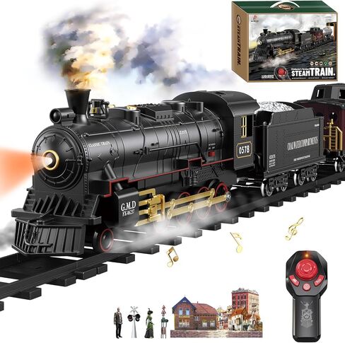 Electric Train Sets Remote Control for Kids Christmas Train Toys Steam Locomotive w/3 Smokes, Glowing Passenger Carriages, Luxury Tracks, Light & Sounds Rechargeable Birthday Gifts for Boys Girls in Saudi Arabia