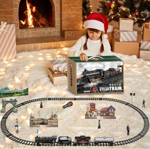 Electric Train Sets Remote Control for Kids Christmas Train Toys Steam Locomotive w/3 Smokes, Glowing Passenger Carriages, Luxury Tracks, Light & Sounds Rechargeable Birthday Gifts for Boys Girls in Saudi Arabia
