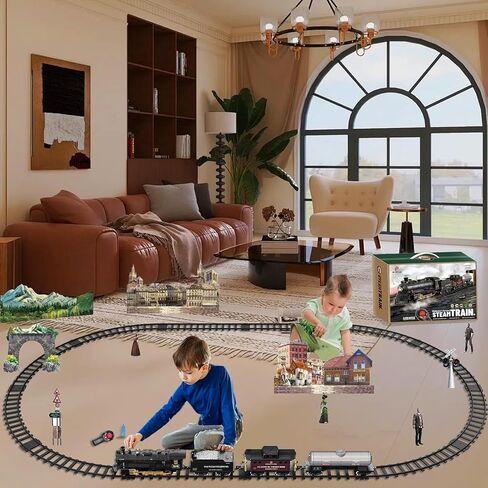 Electric Train Sets Remote Control for Kids Christmas Train Toys Steam Locomotive w/3 Smokes, Glowing Passenger Carriages, Luxury Tracks, Light & Sounds Rechargeable Birthday Gifts for Boys Girls in Saudi Arabia