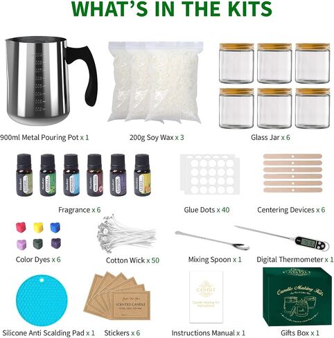 Aeraroma Candle Making Kit for Adults, Soy Candle Making Kit for Beginner - DIY Starter Candle Making Supplies with 900ml Candle Make Pouring Pot & Glass Jars, Perfect for Home Decorations in Saudi Arabia