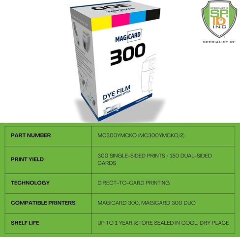 2 Pack - Magicard MC300YMCKO/2 Dye Film for 300 Series ID Card Printer - 300 Print MagicCard YMCKO Full Color Printer Ribbon and Cleaning Spool with 20 Specialist ID Test Cards in Saudi Arabia