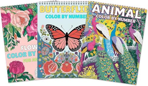 Ilyever 3 Pack Color by Number,Stress Relief Coloring Books for Adults,Spiral Bound Coloring Books for Women,Include 60 Patterns of Butterfly, Flowers,Animals for Adult Relaxation in Kuwait
