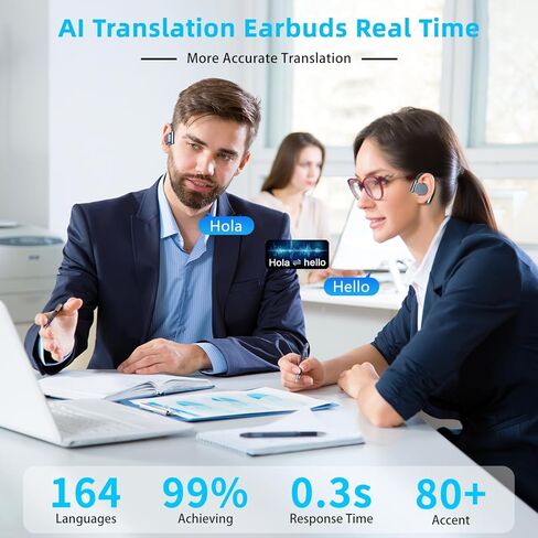 ترجمة AI سماعات الأذن في الوقت الفعلي 164 LAGHAGES Translator Earbud 3 IN-1 Bluetooth 5.4 Audifonos Traductores Inglés Español Translating Device for Travel Business Teaning iOS IOS و Android متوافق in Kuwait