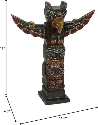 Things2Die4 Handcrafted Wooden Eagle Totem Statue: Intricately Carved with Tribal Designs and Dot-Painted Accents, 12 Inches High, Symbolizing Independence and Strength in Saudi Arabia
