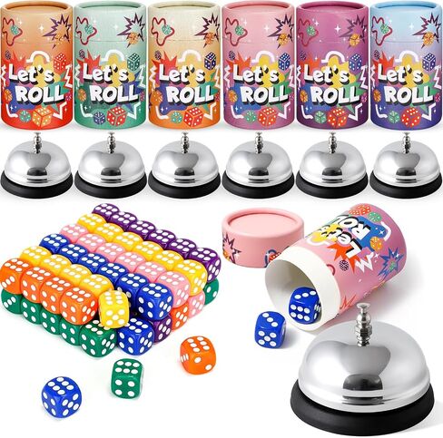 6 Sets Bunco Game Kit Party Supplies for Ladies Night Family Board Games Include 72 Colorful Dice, 6 Bells, 6 Dice Cups with Lids Bunco Gift for Women Girls up to 6 Groups of 2-12 Players in Saudi Arabia