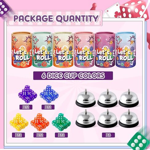 6 Sets Bunco Game Kit Party Supplies for Ladies Night Family Board Games Include 72 Colorful Dice, 6 Bells, 6 Dice Cups with Lids Bunco Gift for Women Girls up to 6 Groups of 2-12 Players in Saudi Arabia