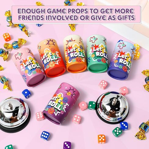 6 Sets Bunco Game Kit Party Supplies for Ladies Night Family Board Games Include 72 Colorful Dice, 6 Bells, 6 Dice Cups with Lids Bunco Gift for Women Girls up to 6 Groups of 2-12 Players in Saudi Arabia