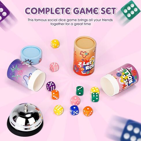 6 Sets Bunco Game Kit Party Supplies for Ladies Night Family Board Games Include 72 Colorful Dice, 6 Bells, 6 Dice Cups with Lids Bunco Gift for Women Girls up to 6 Groups of 2-12 Players in Saudi Arabia
