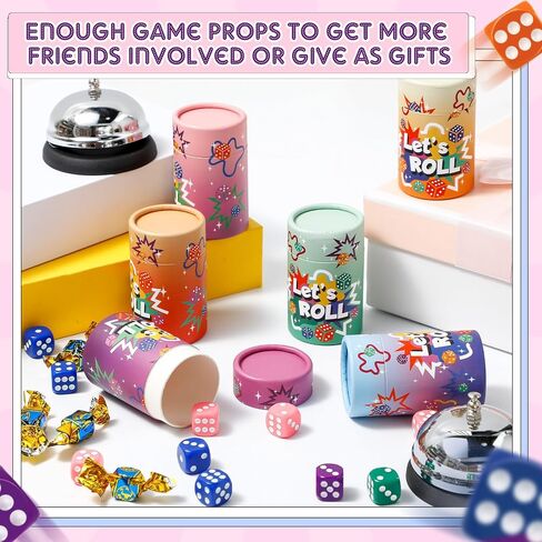 6 Sets Bunco Game Kit Party Supplies for Ladies Night Family Board Games Include 72 Colorful Dice, 6 Bells, 6 Dice Cups with Lids Bunco Gift for Women Girls up to 6 Groups of 2-12 Players in Saudi Arabia