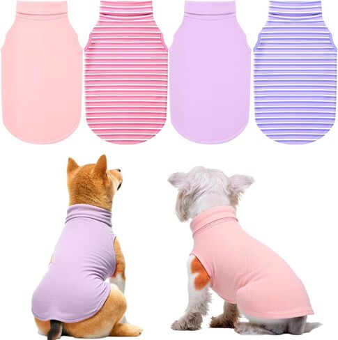 Abbylike 4 Pack Dog Sweater,Soft Stretchy Dog Shirt,Lightweight Sleeveless Puppy Clothes,Turtleneck Pullover Pet Tshirt,Solid and Stripe Winter Pet Tank Top for Puppy Cat(Blush Pink and Purple,XL) in Saudi Arabia