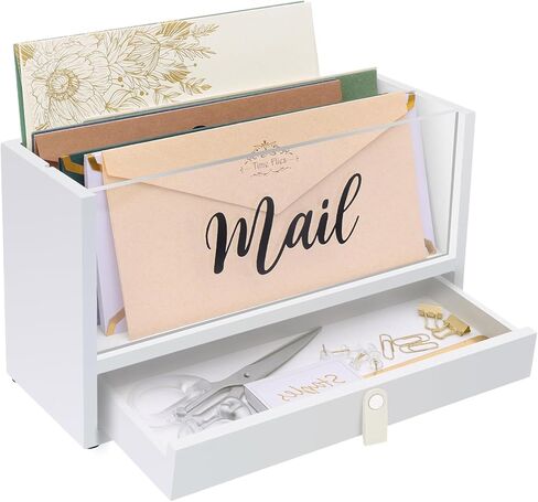 Two-Layer Solid Wooden Mail Storage Organizer Holder with Clear Acrylic Top and Bottom Drawer, Leather Handle, Keeping Mail, Bills, Letters, Cards and Office Supplies in One Place, Home Decor Gifts in Kuwait