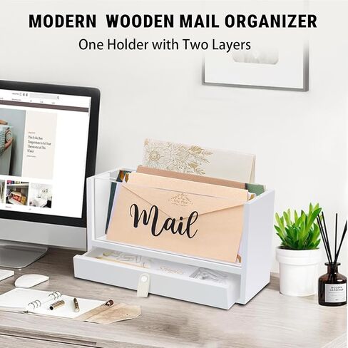 Two-Layer Solid Wooden Mail Storage Organizer Holder with Clear Acrylic Top and Bottom Drawer, Leather Handle, Keeping Mail, Bills, Letters, Cards and Office Supplies in One Place, Home Decor Gifts in Kuwait