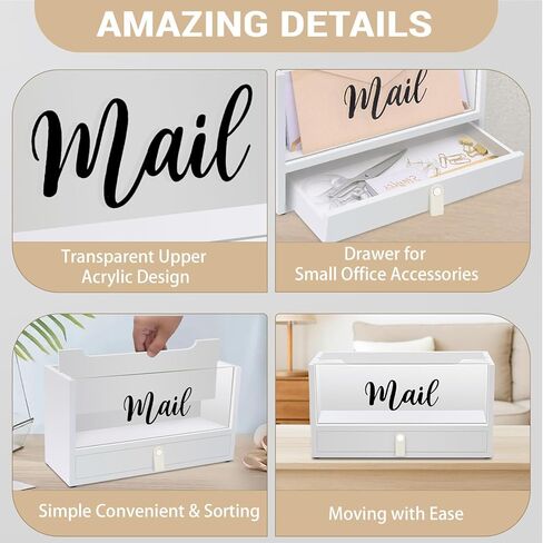 Two-Layer Solid Wooden Mail Storage Organizer Holder with Clear Acrylic Top and Bottom Drawer, Leather Handle, Keeping Mail, Bills, Letters, Cards and Office Supplies in One Place, Home Decor Gifts in Kuwait