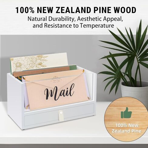 Two-Layer Solid Wooden Mail Storage Organizer Holder with Clear Acrylic Top and Bottom Drawer, Leather Handle, Keeping Mail, Bills, Letters, Cards and Office Supplies in One Place, Home Decor Gifts in Kuwait