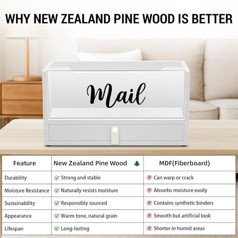 Two-Layer Solid Wooden Mail Storage Organizer Holder with Clear Acrylic Top and Bottom Drawer, Leather Handle, Keeping Mail, Bills, Letters, Cards and Office Supplies in One Place, Home Decor Gifts in Kuwait