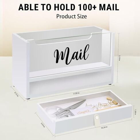 Two-Layer Solid Wooden Mail Storage Organizer Holder with Clear Acrylic Top and Bottom Drawer, Leather Handle, Keeping Mail, Bills, Letters, Cards and Office Supplies in One Place, Home Decor Gifts in Kuwait