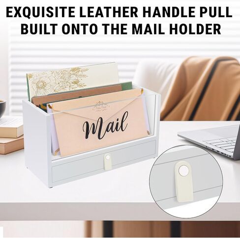 Two-Layer Solid Wooden Mail Storage Organizer Holder with Clear Acrylic Top and Bottom Drawer, Leather Handle, Keeping Mail, Bills, Letters, Cards and Office Supplies in One Place, Home Decor Gifts in Kuwait