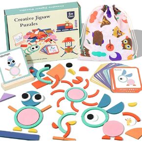 Wooden Shape Puzzles for Toddlers 3+ Years Old，Wooden Pattern Blocks Set Montessori Toys, Back to School, Preschool Education Activity STEM Gift for 3 4 5 Years Old Kids (100 PCS) in Saudi Arabia