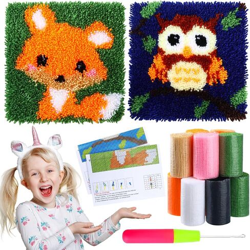 2 Pack Latch Hook Kits for Kids Fox Owl Craft Rug Sewing Set with Colorful Yarn Bundles Color-Coded Canvas DIY Bedroom Home Decoration Gift for Girls Beginners in Saudi Arabia