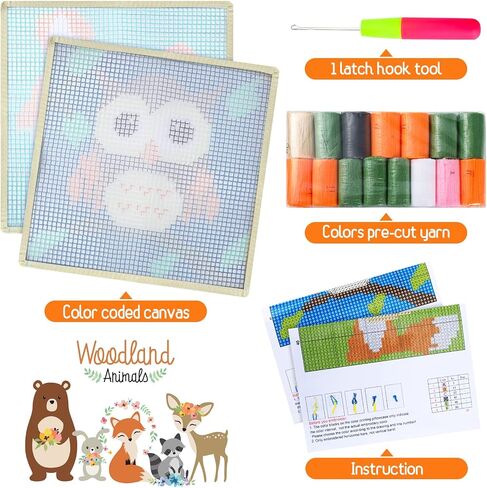 2 Pack Latch Hook Kits for Kids Fox Owl Craft Rug Sewing Set with Colorful Yarn Bundles Color-Coded Canvas DIY Bedroom Home Decoration Gift for Girls Beginners in Saudi Arabia