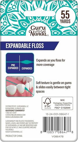 GuruNanda Expandable Waxed Dental Floss for Gentle, Deep Cleaning Wide Teeth Flossing - Cinnamon Flavor - 55 Yards in Kuwait